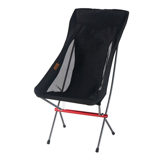 Black portable folding camping chair with mesh side panels and padded backrest