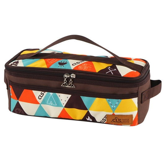 Multicolor patterned zippered storage bag with carry handle and front emblem