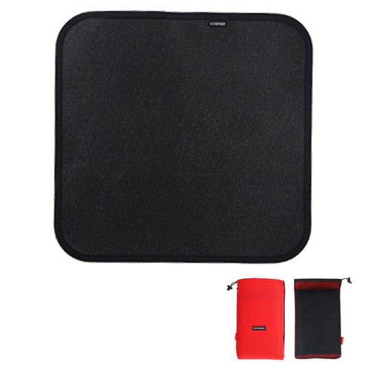 Black camping fireproof silicone cloth pad with red and black drawstring storage pouches