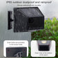 Weatherproof black solar alarm box with mounting bracket and rain droplets