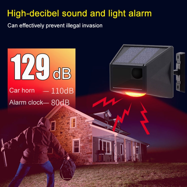 Black solar sound and light alarm with red LED and mounting bracket
