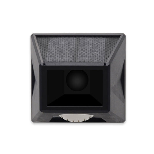 Square solar alarm light housing with front sensor opening and solar panel top