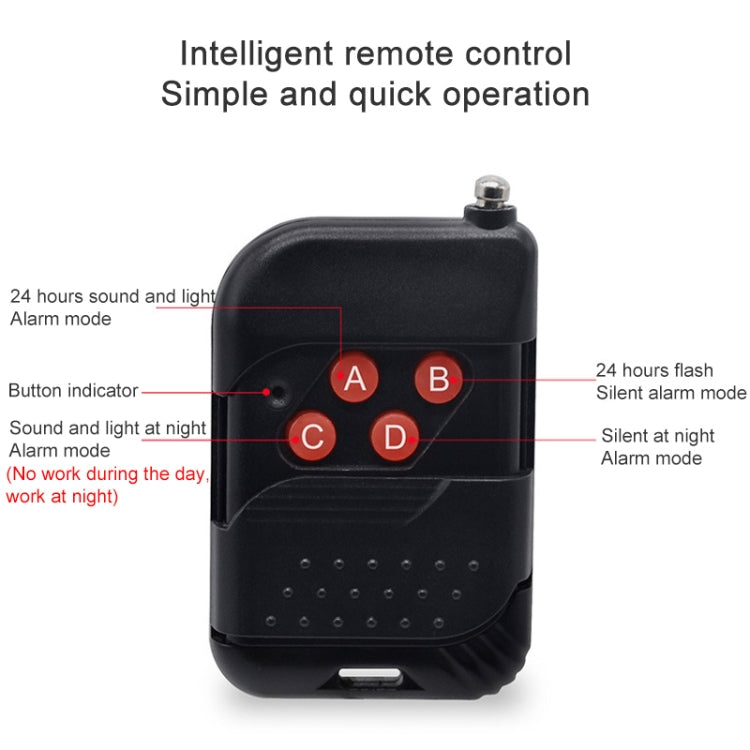Black remote control fob with buttons and indicator labels for alarm modes