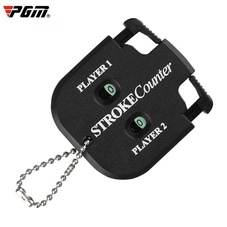 Black square golf stroke counter with two dials and metal chain