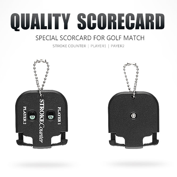 Black golf stroke counter scorecard with dual chains and clip mounts
