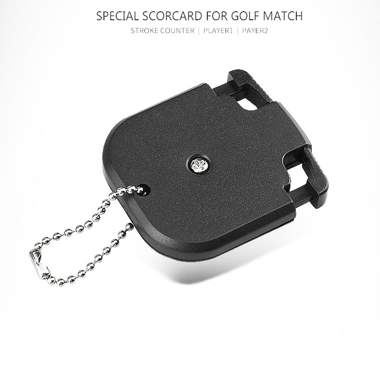Black square golf stroke counter with clip mount and metal chain