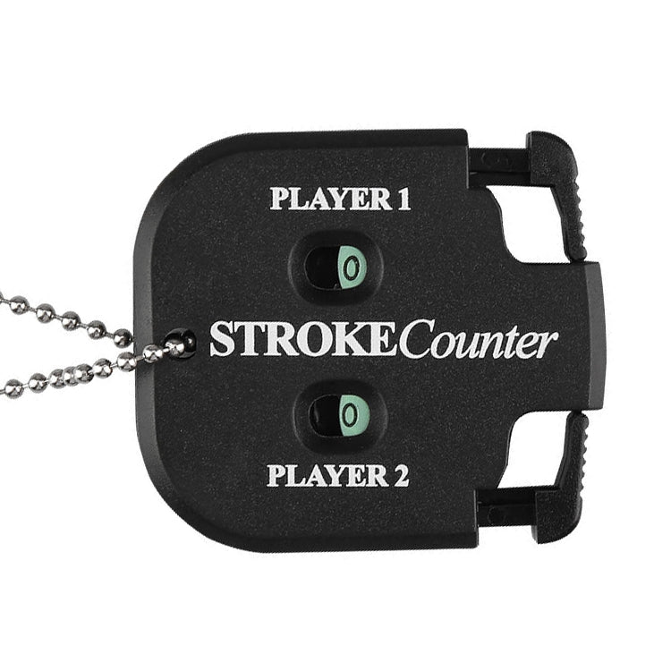 Black golf stroke counter with two green-ring dials for Player 1 and Player 2