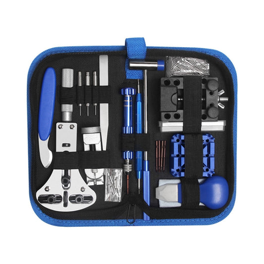 Watch repair tool kit case with blue-and-black tools and compartments