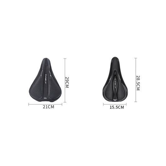 Black gel bike saddle cover with sizing marks and narrow rear profile