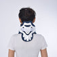 Rear view of plastic neck brace with navy and white outer shell and light-blue padding