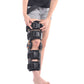 Adjustable black knee brace close-up with padded sections and orange hinge details