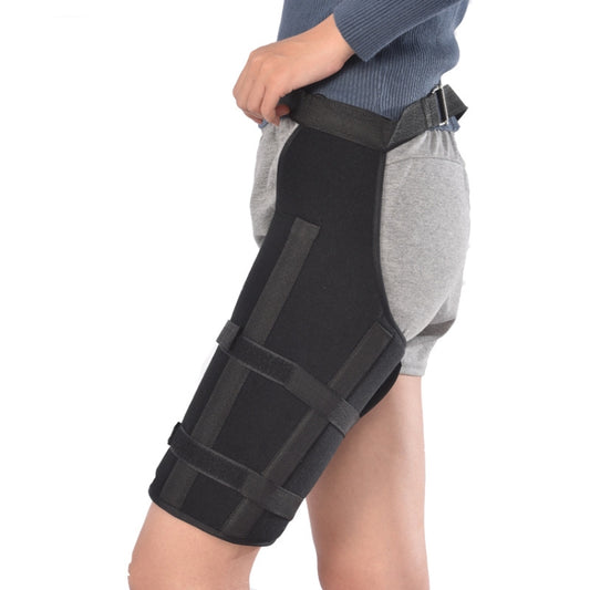 Adult femur external fixation support brace with dark padded thigh panel and straps