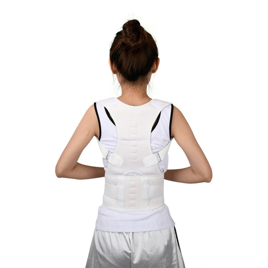 White posture correction back belt with central support panel and shoulder pads, back view