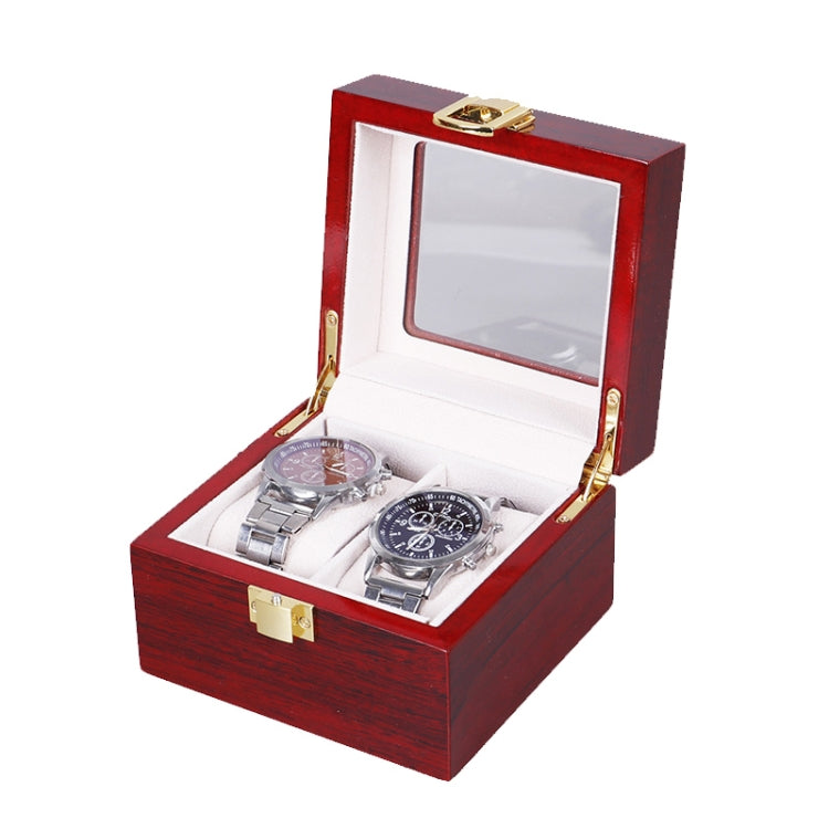 Red wooden watch and jewelry storage box with clear window lid and inner watch holders