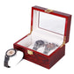Red wooden watch box open view with clear window, white lining, and watch slots