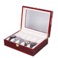 Red wooden watch jewelry box open with clear lid and padded watch compartments