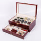 Red wooden watch and jewelry display box open with clear lid and extra compartments