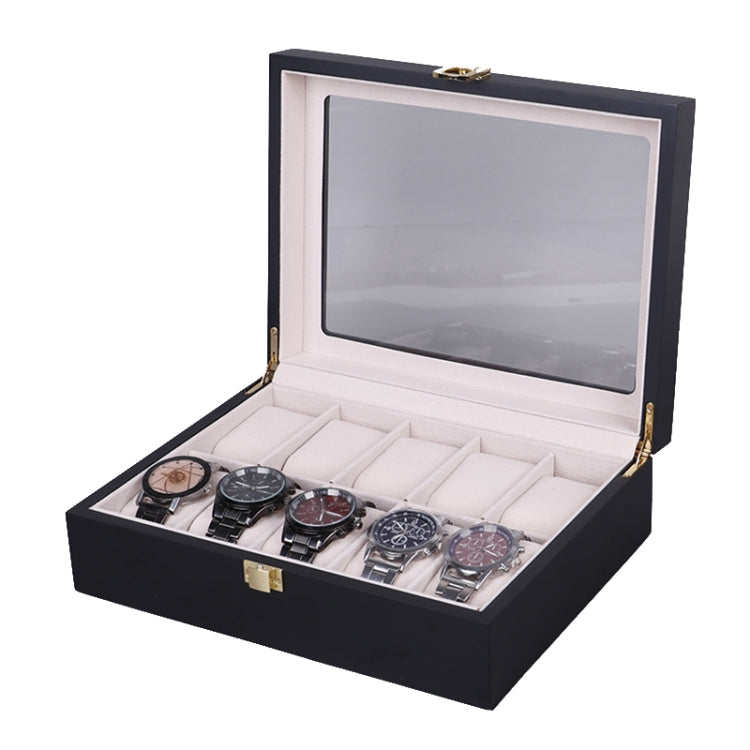 Black wooden watch storage box with clear lid and padded multi-watch compartments