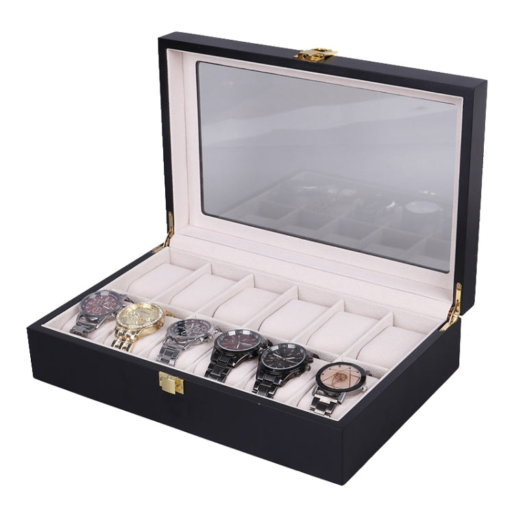 Black wooden watch display box with transparent lid and cushioned watch tray