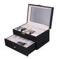 Black wooden watch storage box with hinged lid and multiple cushioned watch slots