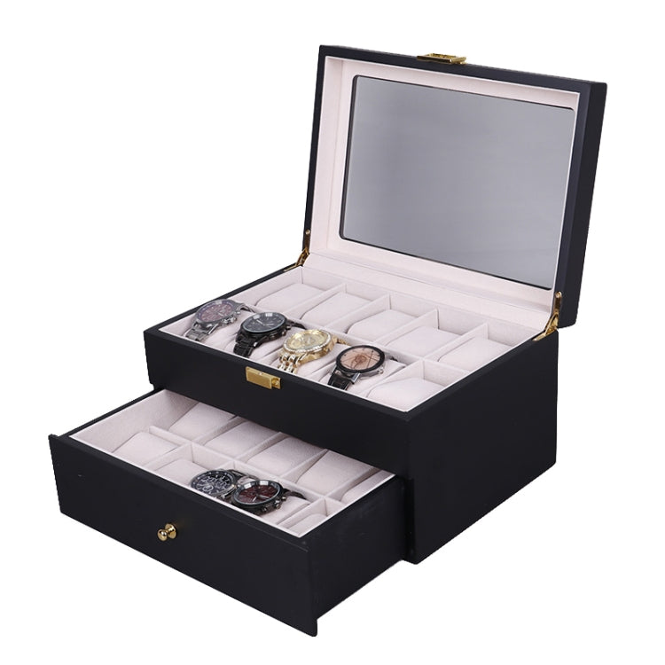 Black wooden watch storage box with hinged lid and multiple cushioned watch slots