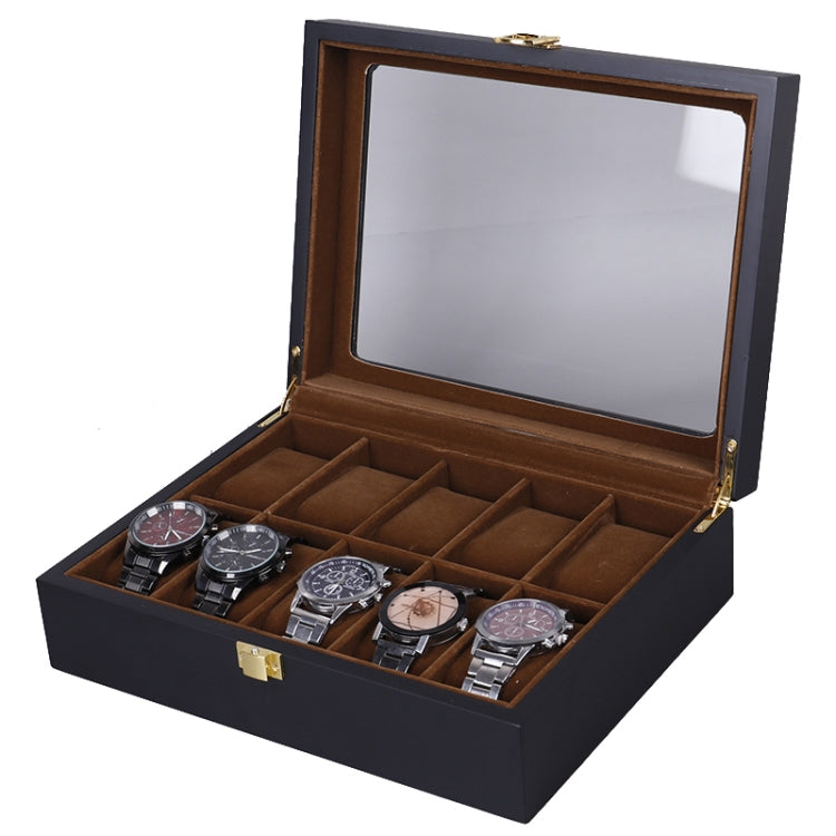 Black wooden watch storage box with clear lid and padded watch dividers
