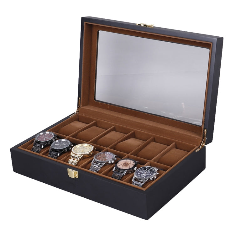 Black wooden watch storage box with brown interior and cushioned multi-slot tray