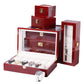 Red wooden watch storage box set with clear lid, padded slots, and side display