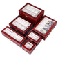 Red wooden multi-compartment watch storage organizer with clear-lid top section