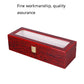 Red wooden watch display box with clear tray and hinged clasp