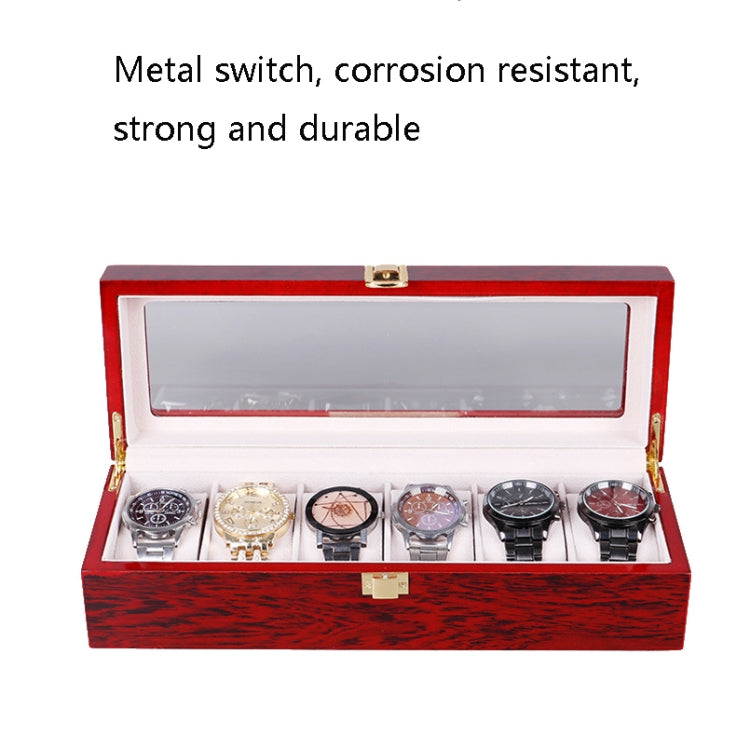 Red wooden watch storage box with clear lid window and six watch slots
