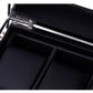 Close-up of hinged clasp and inner compartments inside woven PU leather watch box