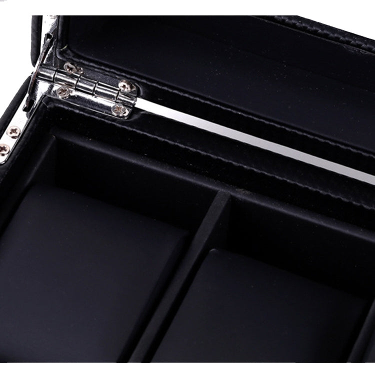 Close-up of hinged clasp and inner compartments inside woven PU leather watch box