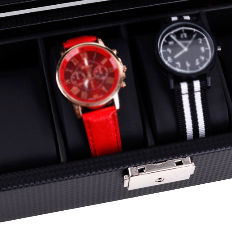 Woven PU leather watch box interior showing red and black watches in compartments