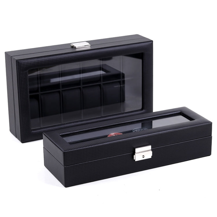 Woven-texture PU leather watch display box with clear top window and clasp