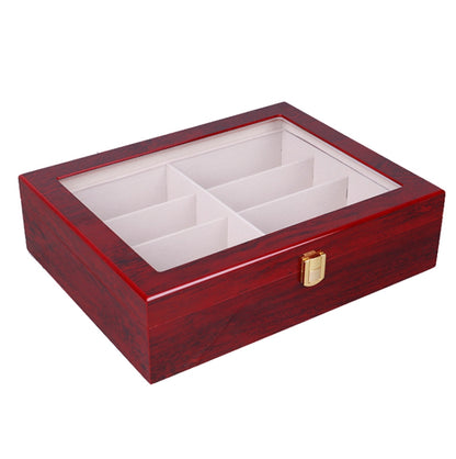 Red wooden glasses storage case with clear window lid and grid compartments