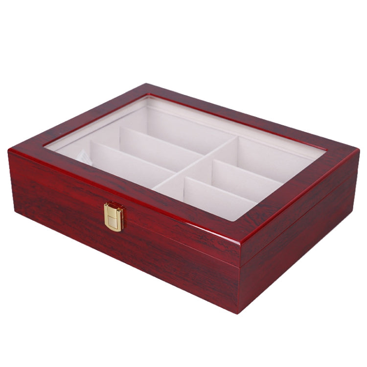 Red wooden glasses display case with clear lid window and interior divider trays