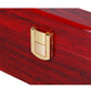 Red wooden glasses case with gold clasp on the front edge