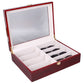 Red wooden glasses storage case open with clear lid window and compartment dividers