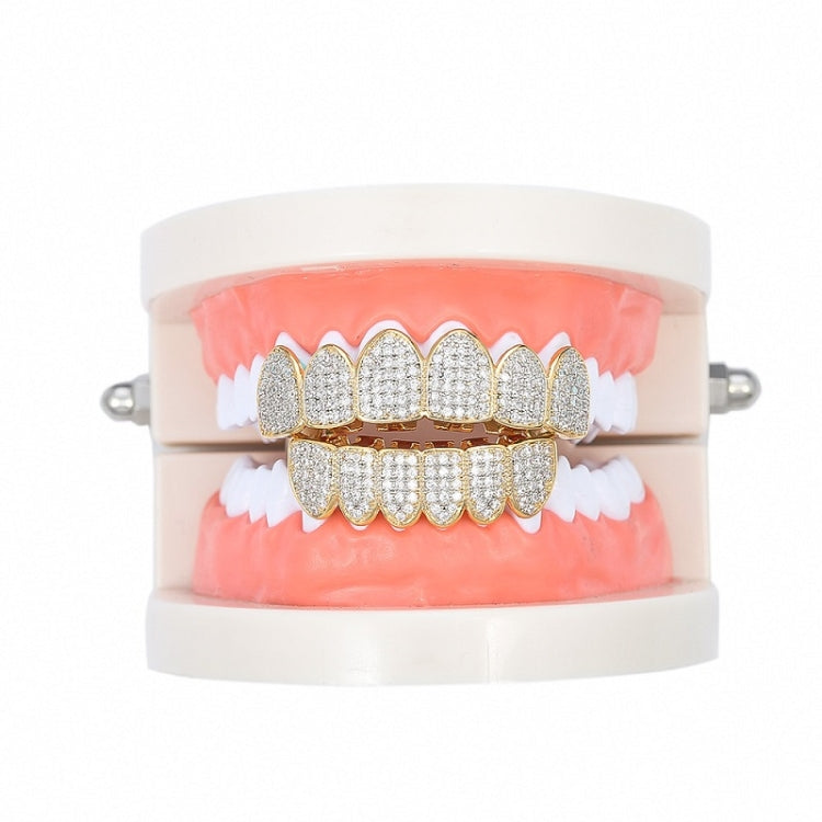 Zircon hip-hop grill braces with gold upper row and silver lower row, on pink mold