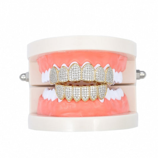 Zircon hip-hop grill braces with gold upper row and silver lower row, on pink mold