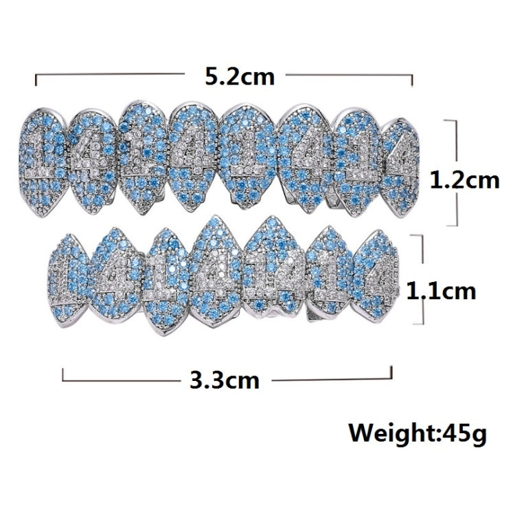 Zircon hip-hop grill braces with blue stone look, size 5.2cm x 3.3cm, weight 45g