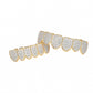 Zircon hip-hop grill braces close-up with gold frame and silver crystal-studded teeth
