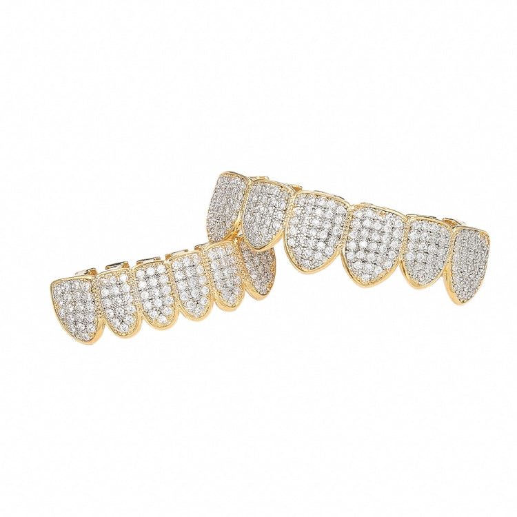 Zircon hip-hop grill braces close-up with gold frame and silver crystal-studded teeth