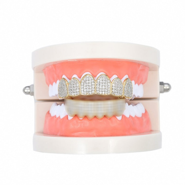 Zircon hip-hop grill braces with gold upper row and white lower row, on pink mold