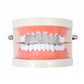 Zircon hip-hop grill braces with silver upper row and white lower row, on pink mold