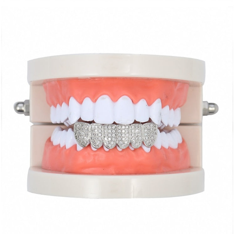 Zircon hip-hop grill braces with white upper row and silver lower row, on pink mold