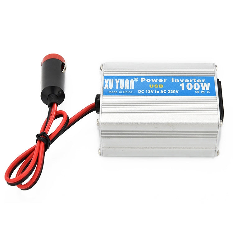 Car power inverter with USB ports, silver case and red/black DC cables