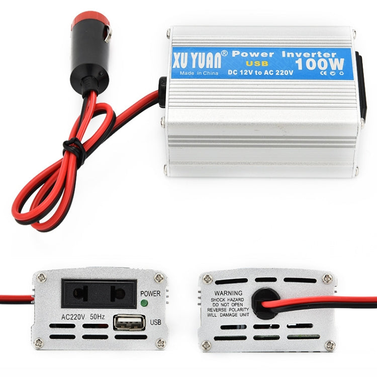 Car power inverter showing outlet and USB ports on silver metal body