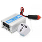 Car inverter with USB port and AC plug adapter, silver box with red/black cable